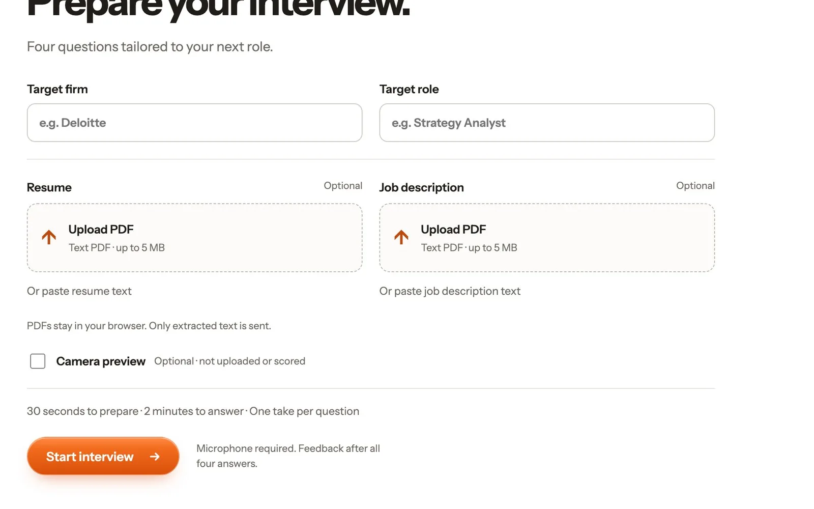 Setup screen asking for the target firm and role, with optional resume and job description