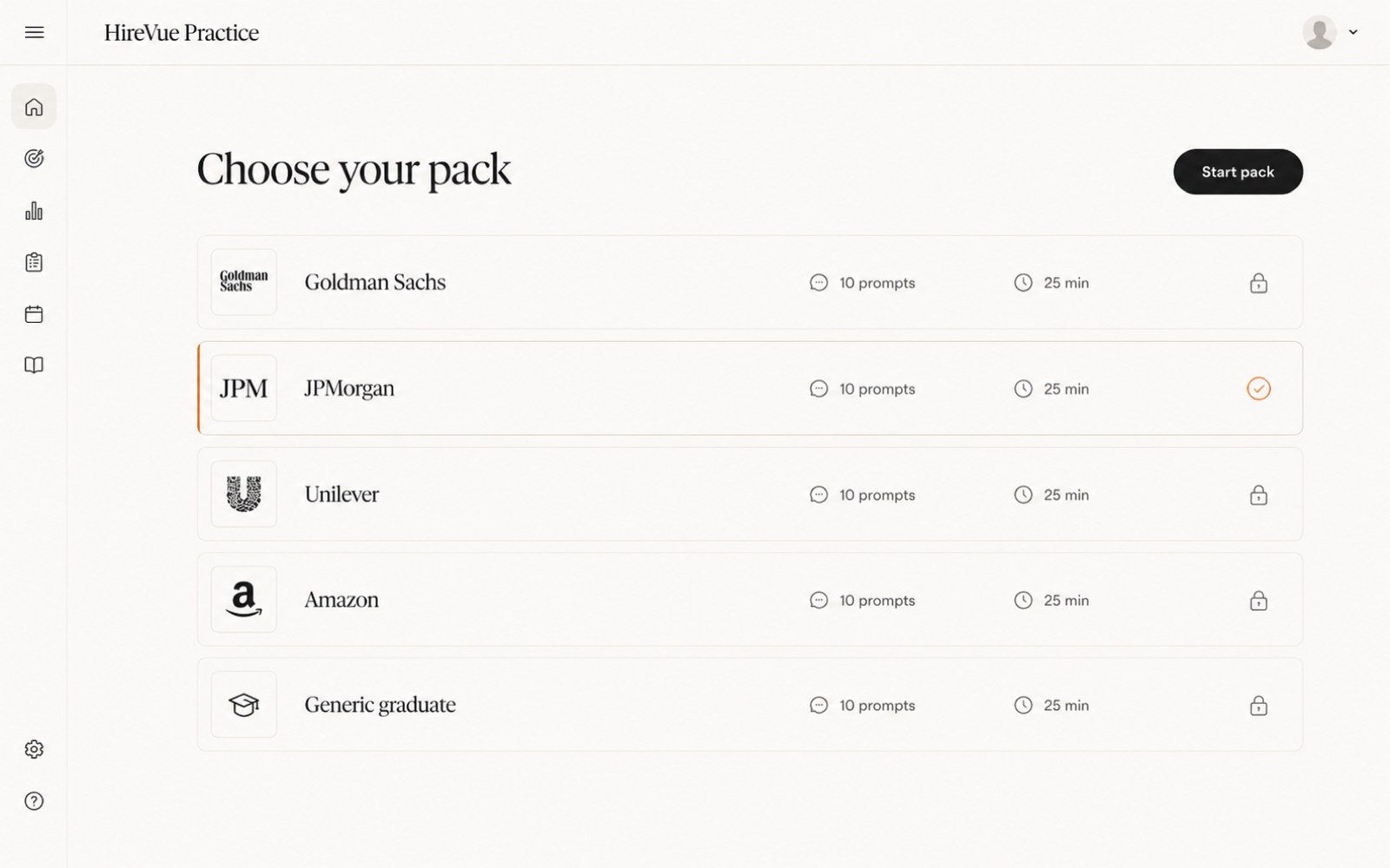 Question packs screen